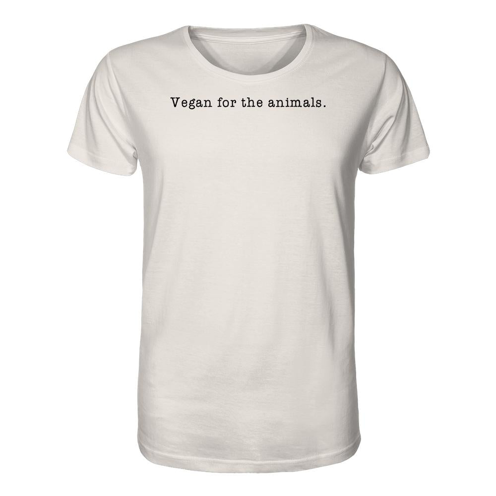 Unisex T-Shirt aus Bio-Baumwolle mit Vegan for the animals. Slogan, normaler Schnitt, nachhaltiges Design von RUDE REBEL, betont Tierliebe und veganen Lebensstil.