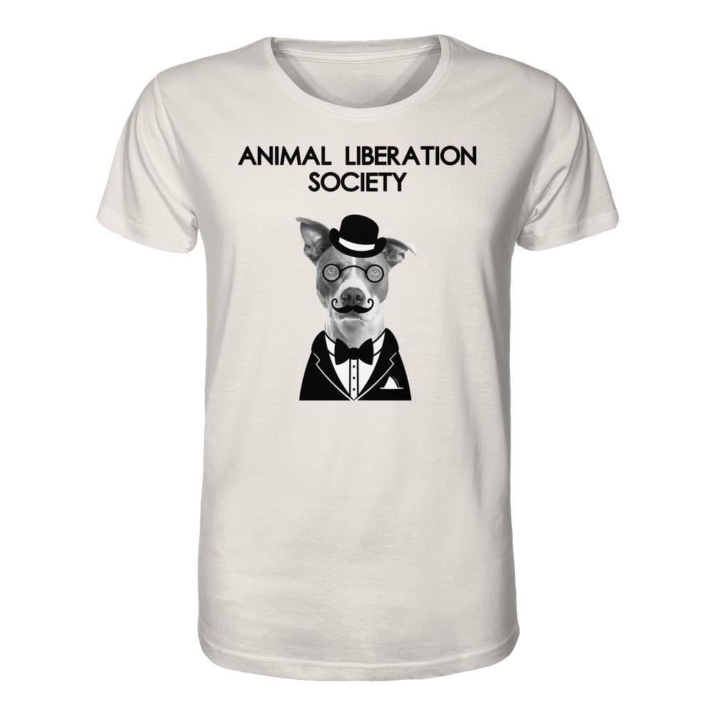 Vegan und Bio Unisex Shirt: Mr. Dog - Animal Liberation Society, zeigt einen stilvollen Hund im Anzug mit Monokel und Zylinder, verkörpert Tierrechtsphilosophie.