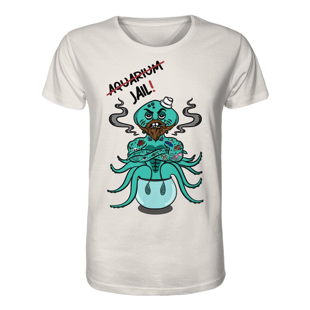 Vegan und Bio Unisex Shirt: Animal Rights - Aquarium=Jail! zeigt einen tätowierten Seemann-Oktopus in einem Fischglas, humorvoll rebellisch gegen Tierhaltung in Gefangenschaft protestierend.