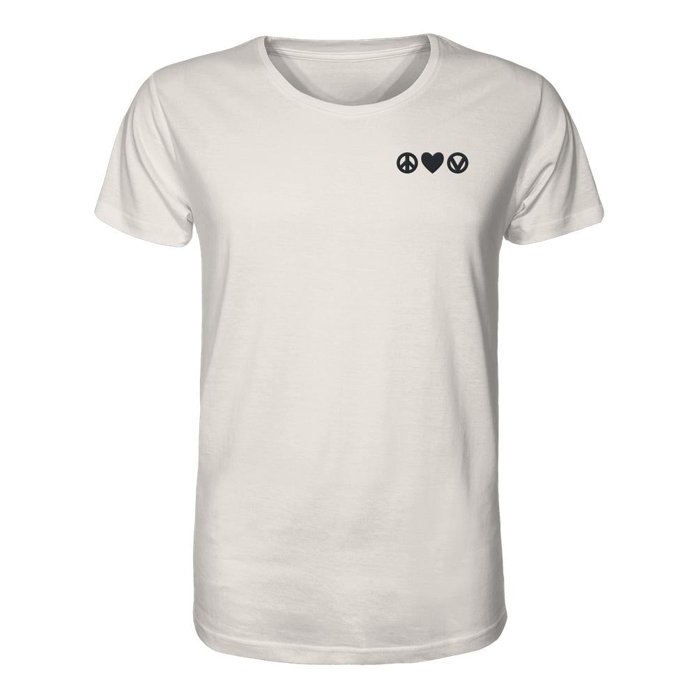 Unisex-Shirt aus Bio-Baumwolle mit Stickerei Peace - Love - Veganism: Drei schwarze Symbole - Peace-Zeichen, Herz, veganes V - auf der linken Brust.