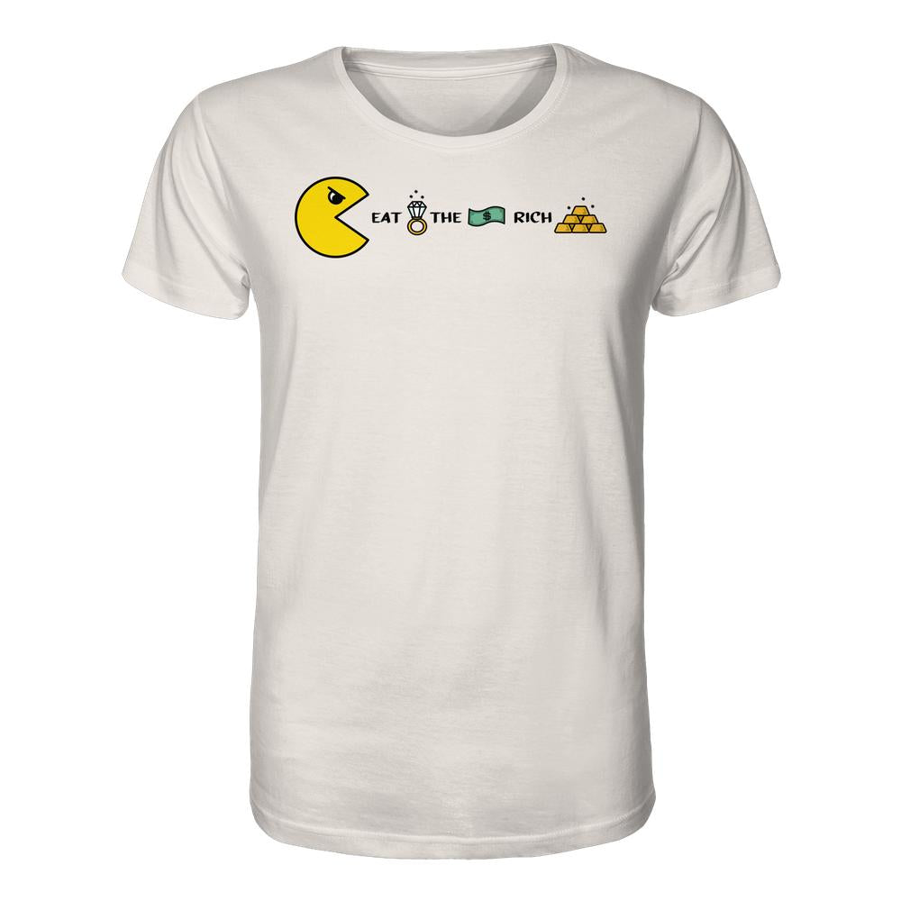 Vegan und Bio Unisex Shirt: PAC-MAN - Eat the rich, mit Pac-Man-Design, 100 % Bio-Baumwolle, normaler Schnitt, rebellisches Statement gegen Reichtumskonzentration.