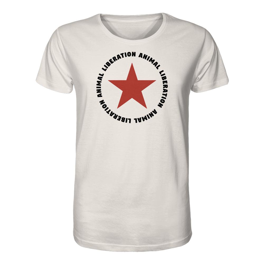 Vegan und Bio Unisex Shirt: Red Star and Animal Liberation mit rotem Stern und Botschaft, aus 100 % Bio-Baumwolle, normaler Schnitt, von RUDE REBEL.