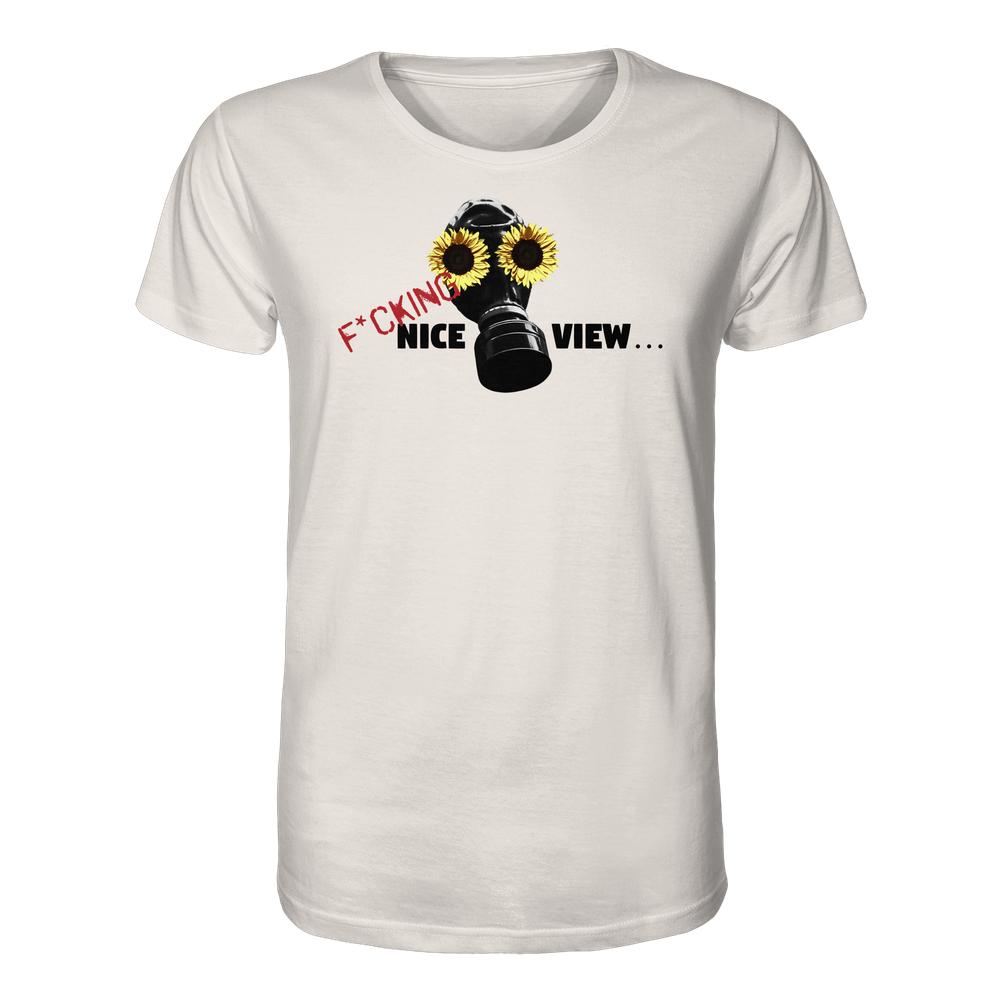 Vegan und Bio Unisex Shirt: Sunflower Mask - F*cking nice view... zeigt eine stilisierte Gasmaske mit Sonnenblumen-Augenlinsen und rebellischem Slogan, auf weißem Bio-Baumwollstoff.