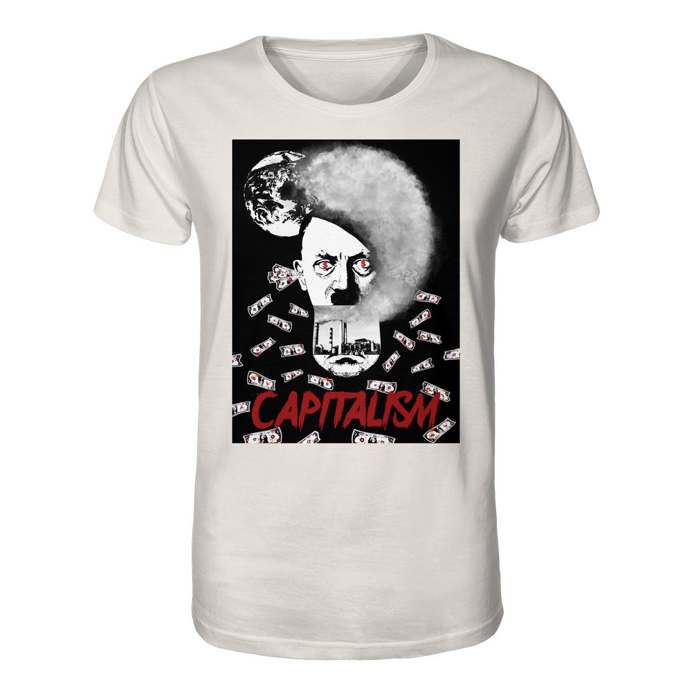Weiße T-Shirt mit Grafik: rotes Augen-Gesicht, Rauch, Schornstein, fliegende Geldscheine, CAPITALISM in Rot. Vegan und Bio Unisex Shirt: Capitalism vs. Earth - The Money Game.