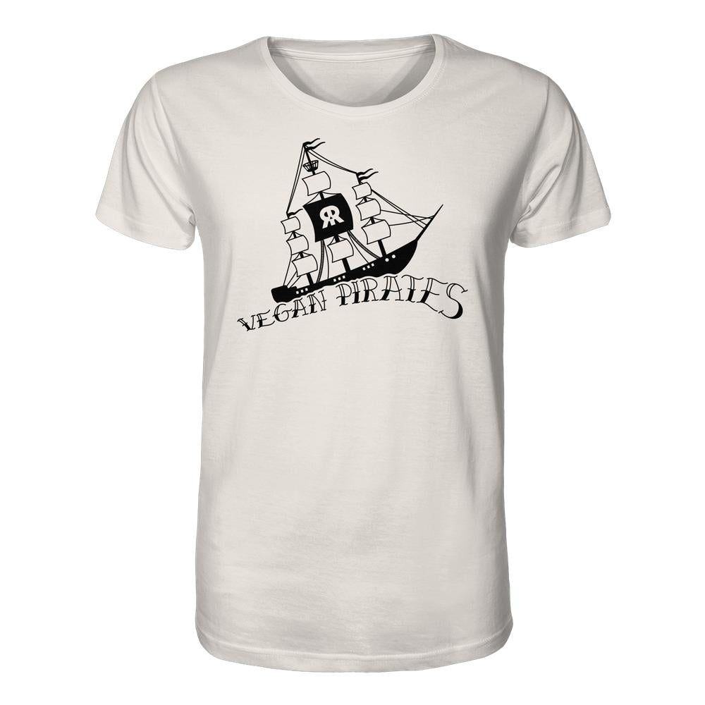 Unisex-Bio-Shirt Vegan Pirates mit schwarzem Piratenschiff und VEGAN PIRATES-Text, 100% Bio-Baumwolle, nachhaltiges Design von RUDE REBEL, normaler Schnitt.