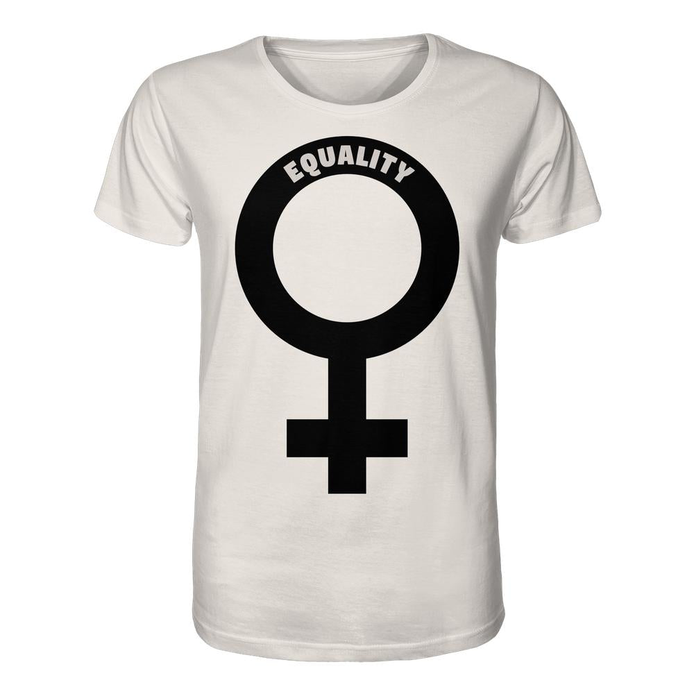 Weißes T-Shirt mit großem schwarzen Venussymbol und dem Wort EQUALITY, vegan und aus Biobaumwolle, von RUDE REBEL, fördert Gleichberechtigung der Frauen.