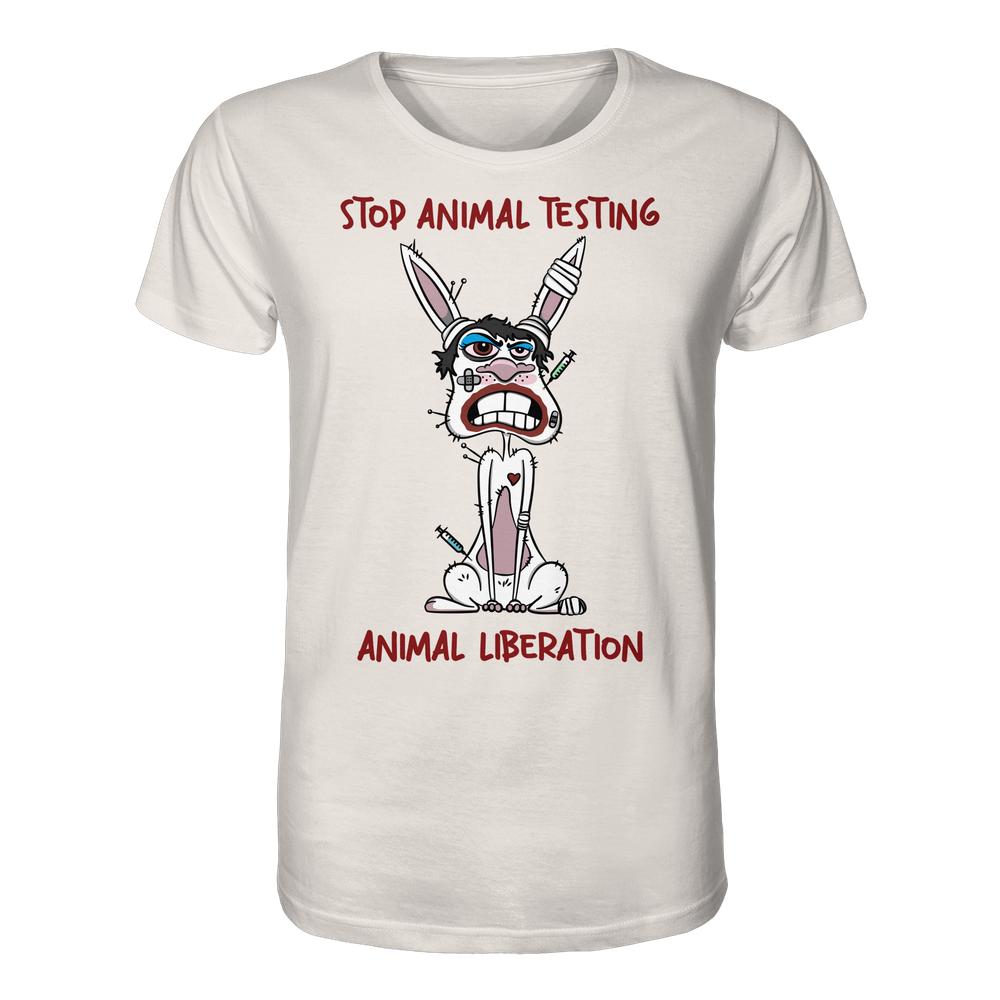 Vegan und Bio Unisex Shirt mit grafischem Häschen, umwickelt von Bandagen und Spritzen, Slogan: STOP ANIMAL TESTING und ANIMAL LIBERATION, unterstützt Tierrechte.