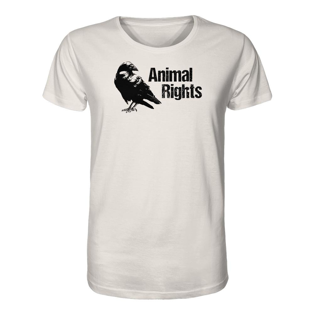 Unisex-Shirt mit Rabenmotiv und Animal Rights-Slogan, aus 100% Bio-Baumwolle, normaler Schnitt. Ideal für Tier- und Umweltschutz-Enthusiasten.