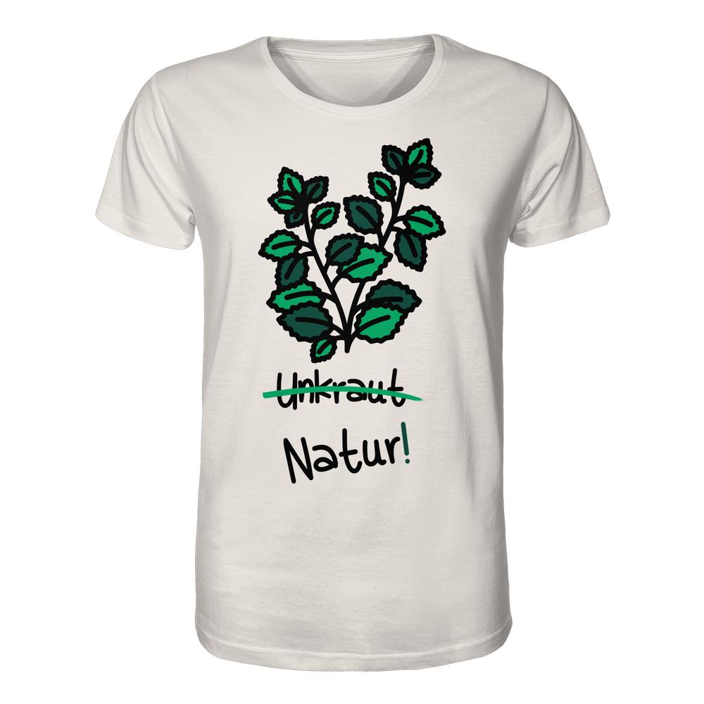 Vegan und Bio Unisex Shirt: Brennnessel - Naturschutz. Weißes T-Shirt mit Karikatur von grünen Blättern, durchgestrichenem “Unkraut” und “Natur!” darunter. 100% Bio-Baumwolle, normale Passform.
