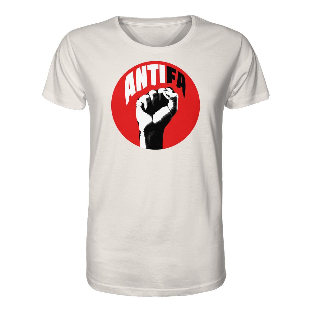 Vegan und Bio Unisex Shirt: Antifa - Kampf gegen Rechts, zeigt eine rote Kreisgrafik mit schwarzer Faust, darüber ANTIFA. 100% Bio-Baumwolle, normales Design.