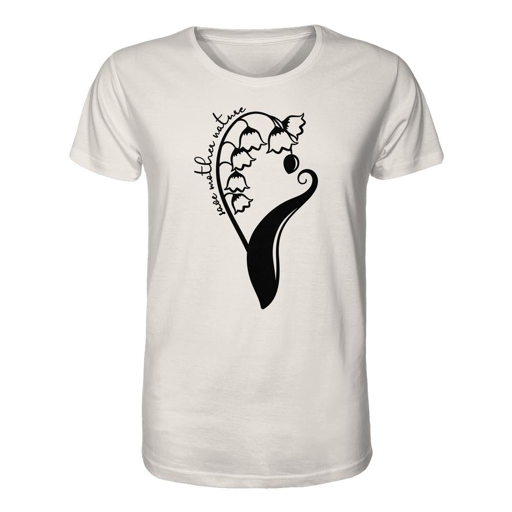 Unisex-Shirt aus Biobaumwolle mit stilisiertem Maiglöckchen und „love mother nature“-Schriftzug, verkörpert vegane und nachhaltige Ethik von RUDE REBEL.