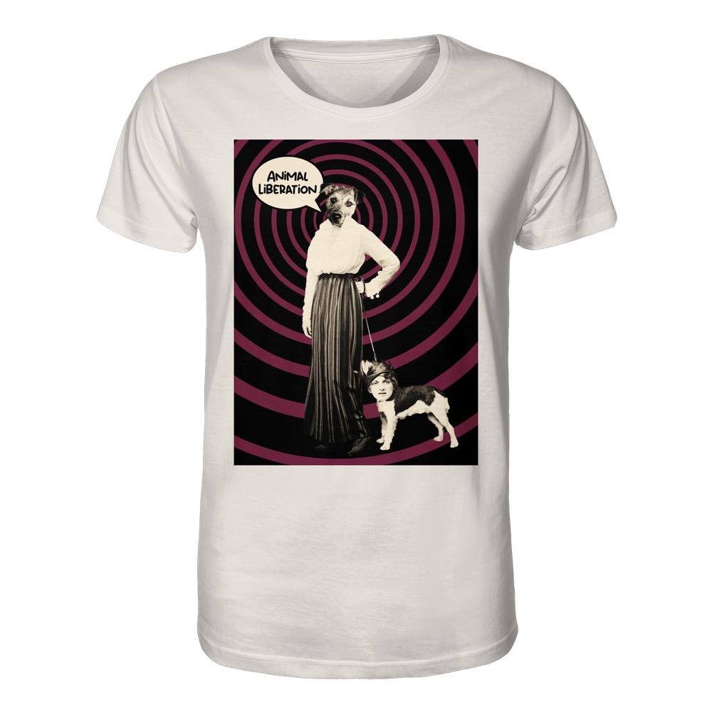 Vegan und Bio Unisex Shirt: Upside Down - Animal Liberation, zeigt surrealen Collage-Druck mit Figuren, die Tier- und Menschenköpfe tauschen, inspiriert von Tierrechts-Themen.