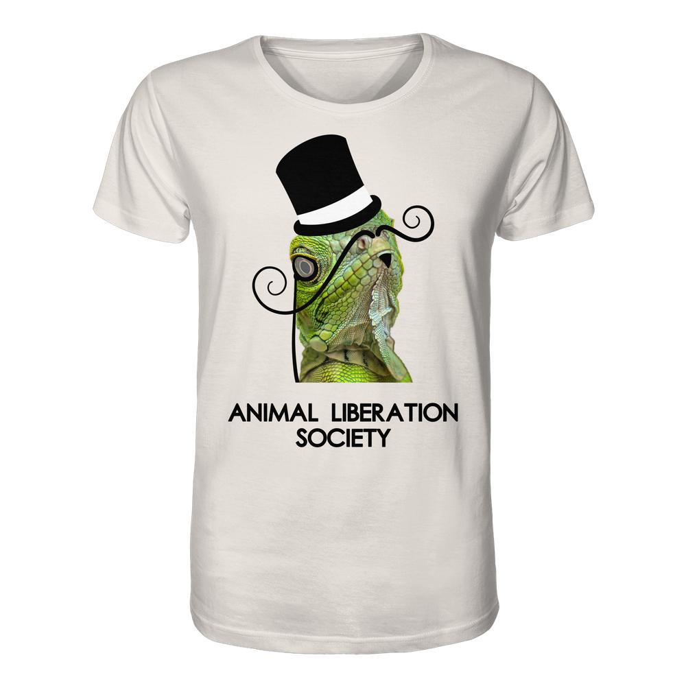 Weißes Bio-T-Shirt mit grünem Leguan in Zylinder und Schnurrbart, darunter Schriftzug „ANIMAL LIBERATION SOCIETY“. Unisex-Design: Sir Reptile - Animal Liberation Society.