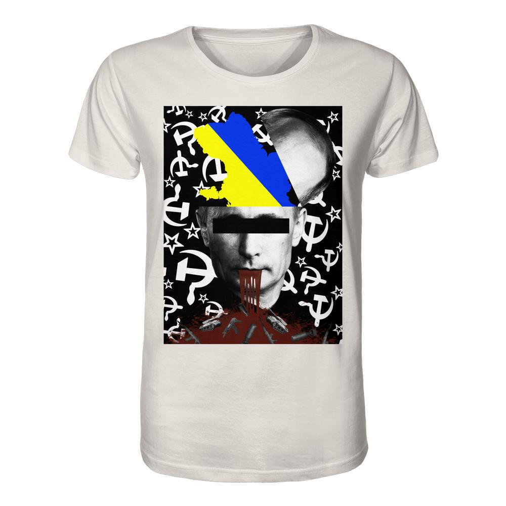 Vegan und Bio Unisex Shirt: STOP WAR IN UKRAINE! zeigt Putins Portrait mit ukrainischen Farben und kommunistischen Symbolen, kombiniert mit blutigen Motiven, auf weißem Hintergrund.