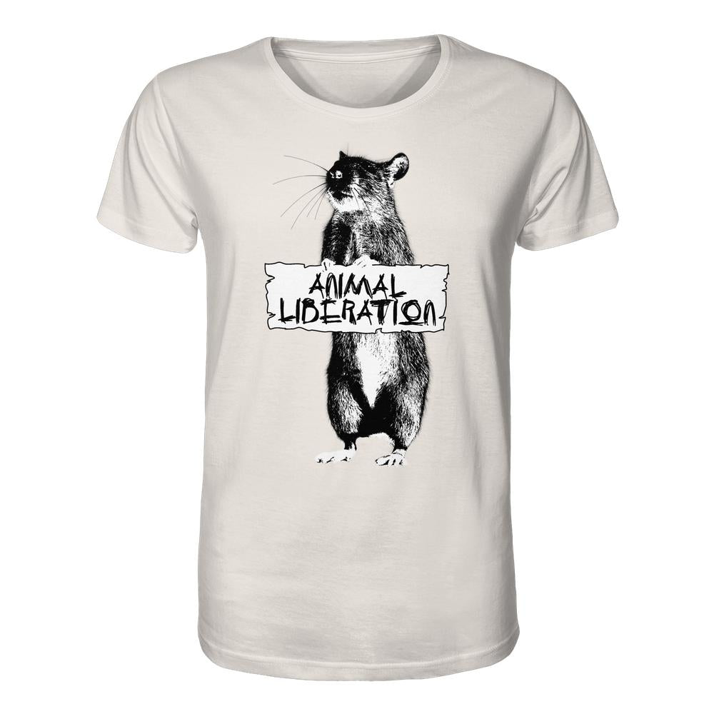 Vegan und Bio Unisex Shirt: Rat for Animal Liberation mit frechem Rattenmotiv und ANIMAL LIBERATION-Schild auf Bio-Baumwolle, inspiriert von Banksys Street Art.
