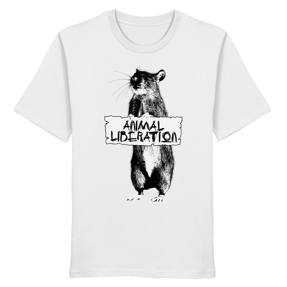Vegan und Bio Unisex Shirt: Rat for Animal Liberation zeigt eine Ratte mit Protestschild in Banksy-inspirierter Street Art, auf weißem Baumwollstoff.