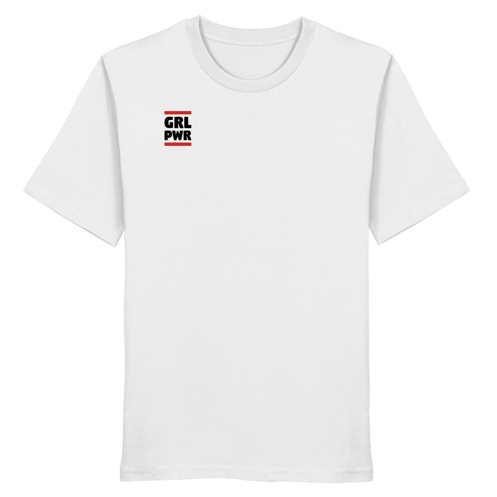 Weißes Unisex-Shirt mit GRL PWR-Grafik, aus veganer, biologischer Baumwolle, verkörpert feministische Botschaft und Nachhaltigkeit. Ideal für starke, selbstbewusste Frauen.