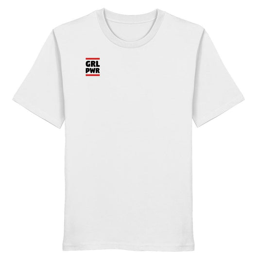 Weißes Unisex-Shirt mit GRL PWR-Grafik, aus veganer, biologischer Baumwolle, verkörpert feministische Botschaft und Nachhaltigkeit. Ideal für starke, selbstbewusste Frauen.