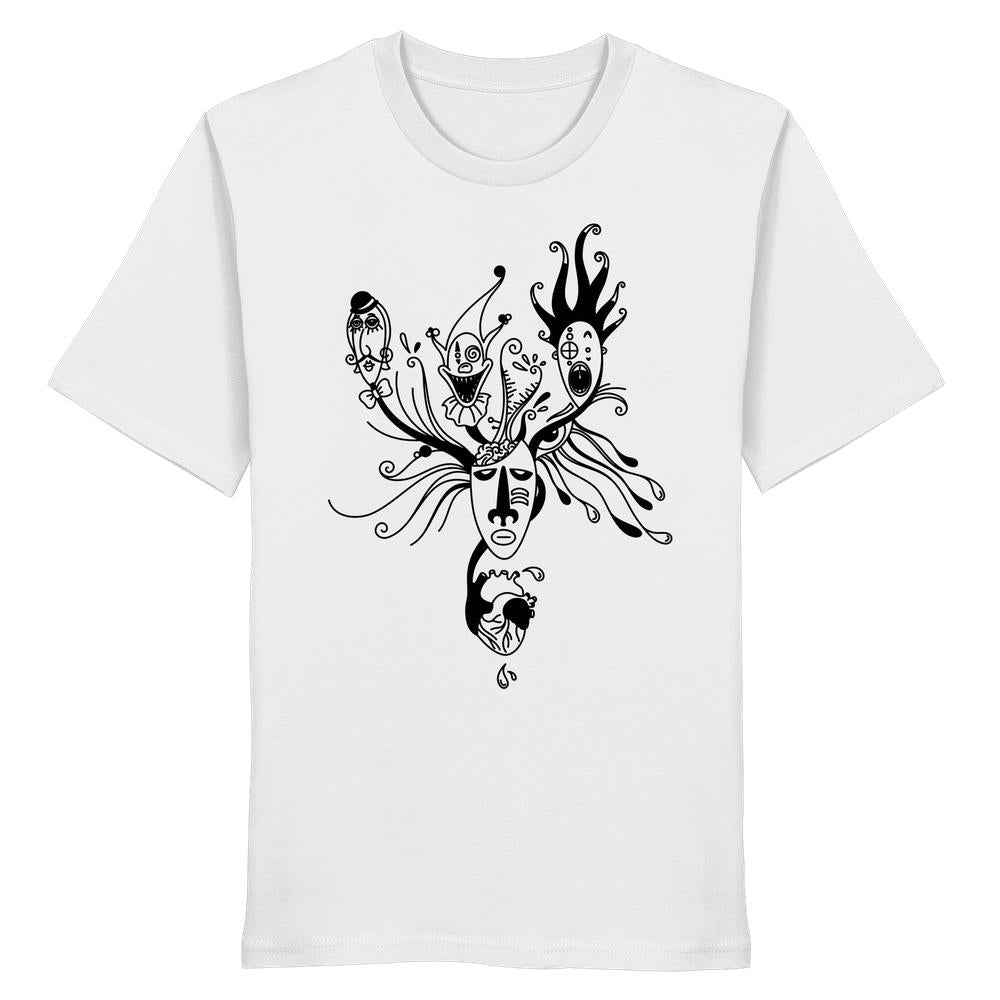 Unisex Bio-Shirt Mental Health - Behind the Mask mit surrealem Liniengrafikdesign aus Masken, Köpfen und Herzmotiv, reflektierend über persönliche Facetten und Gefühle.