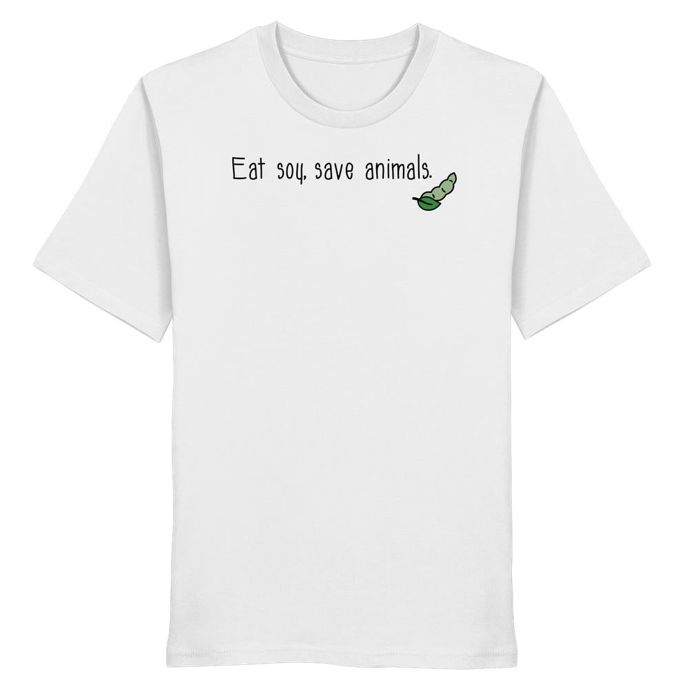 Unisex-Shirt aus Bio-Baumwolle mit dem Slogan „Eat soy, save animals.“ und grüner Sojabohnen-Illustration, verkörpert vegane und tierfreundliche Werte von RUDE REBEL.