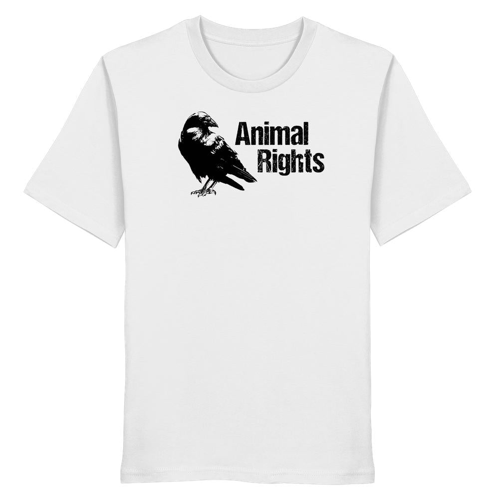 Vegan und Bio Unisex Shirt: Raven - Animal Rights zeigt einen schwarzen Raben mit Animal Rights-Schriftzug, auf einem weißen, nachhaltig produzierten, T-Shirt aus 100% Bio-Baumwolle.