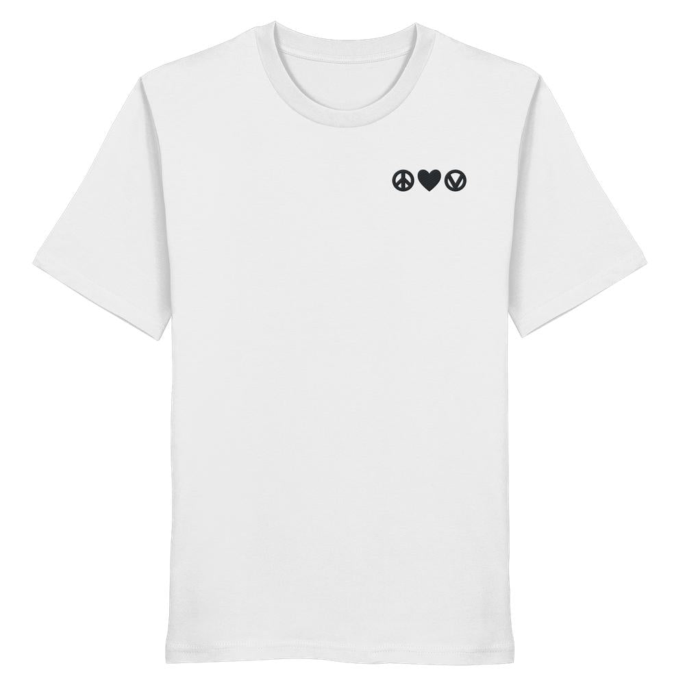 Unisex Bio T-Shirt, bestickt mit Peace ❤ Vegan Grafik auf der Brust, verkörpert veganen und nachhaltigen Stil, hergestellt aus 100 % Bio-Baumwolle.