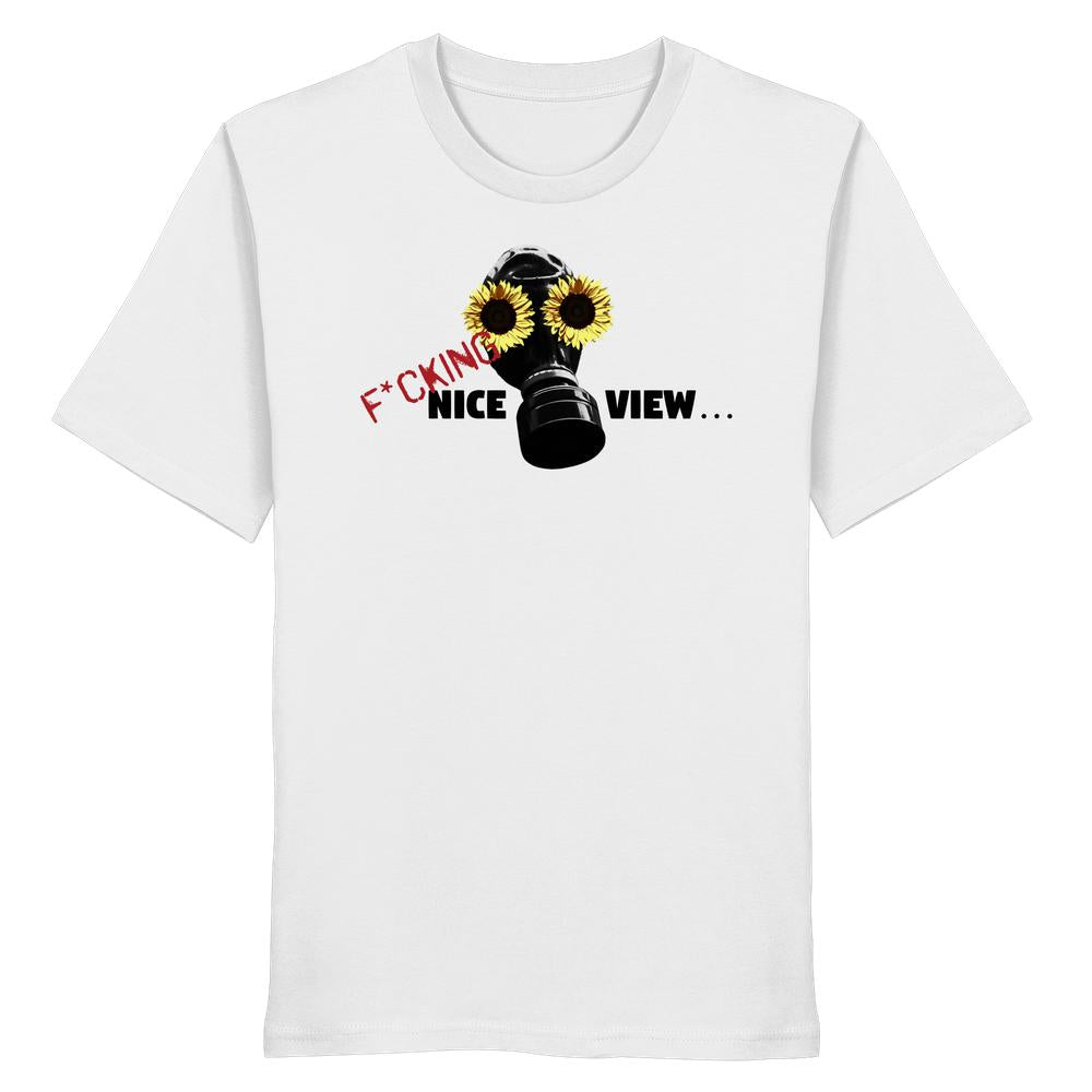 Vegan und Bio Unisex Shirt: Sunflower Mask - F*cking nice view... mit Gasmaske und Sonnenblumen, rebellisches Design aus 100 % Biobaumwolle, normaler Schnitt.