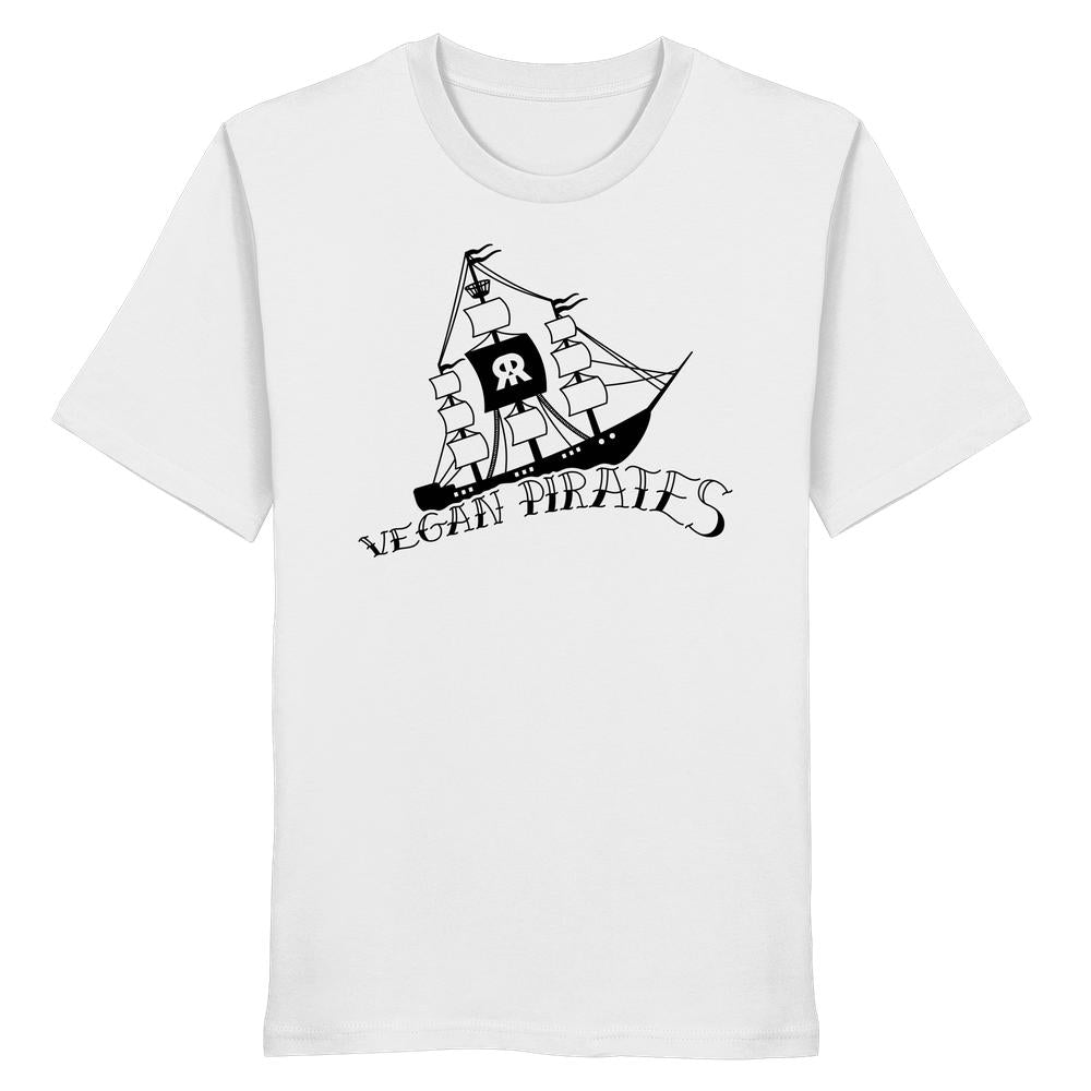 Weißes Bio-T-Shirt mit schwarzem Piratenschiff und VEGAN PIRATES-Schriftzug, VR-Logo auf Segel. Produkt: Vegan und Bio Unisex Shirt: Vegan Pirates.