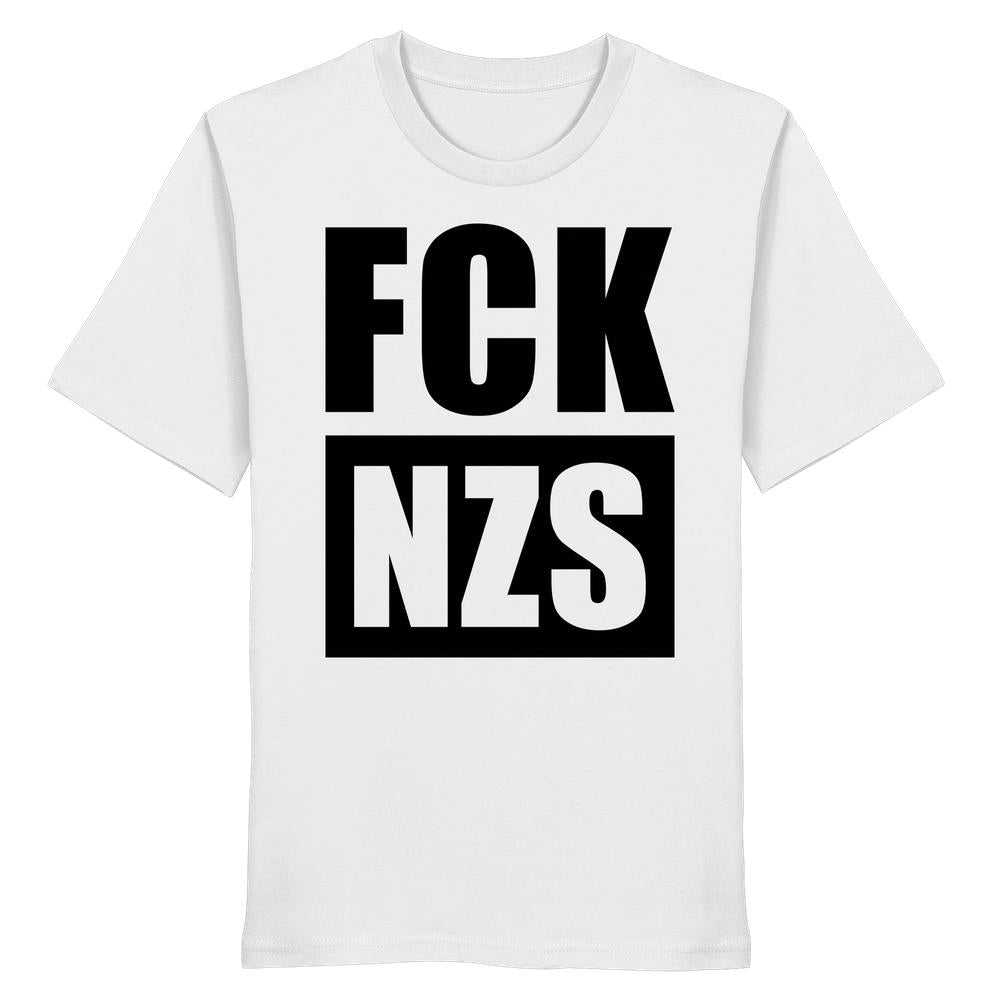 Vegan und Bio Unisex Shirt: FCK NZS, weißes T-Shirt mit schwarzem, blockartigem Anti-Nazi-Statement, aus 100 % Bio-Baumwolle, normale Passform, hergestellt von RUDE REBEL.