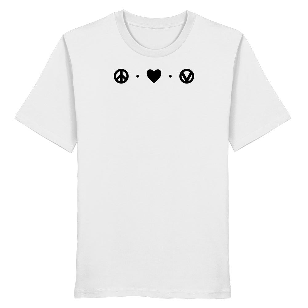 Unisex Bio-Shirt mit schwarzem Print peace • love • vegan, aus 100 % Bio-Baumwolle, normale Passform. Nachhaltiges Design von RUDE REBEL.
