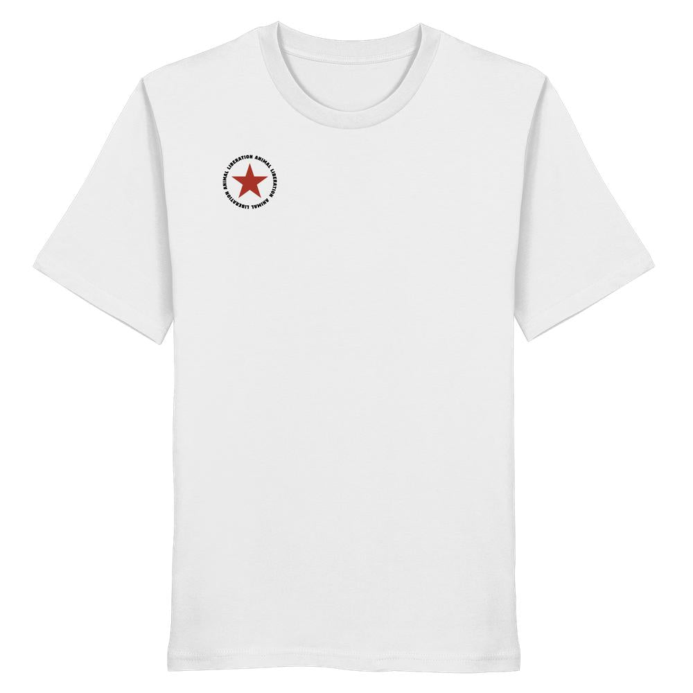 Vegan und Bio Unisex Shirt: Red Star - Animal Liberation, weiß, mit rundem Emblem auf der Brust. Aus 100% Bio-Baumwolle, normale Passform, betont Tierrechte.