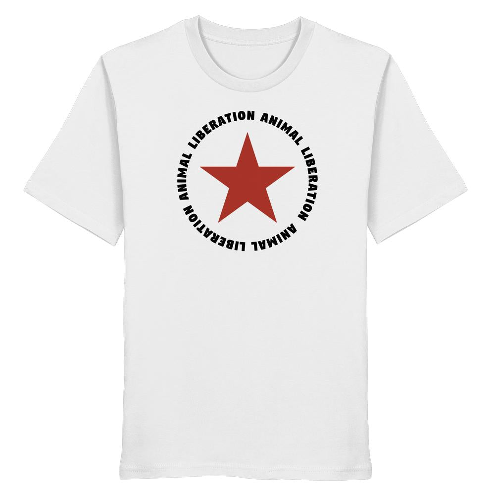 Vegan und Bio Unisex Shirt: Red Star and Animal Liberation, weiß, mit rotem Stern und ANIMAL LIBERATION Kreisgrafik, aus 100% Bio-Baumwolle, normale Passform.