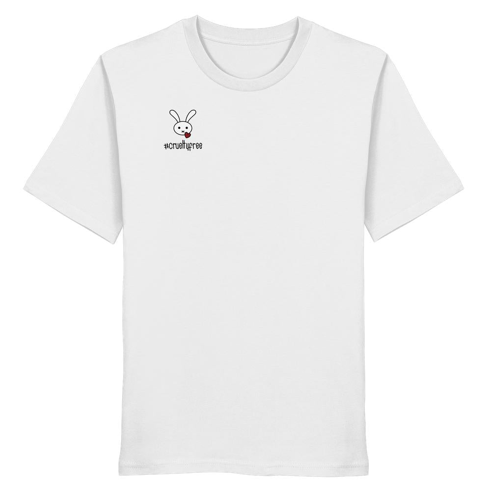 Unisex Shirt: Crueltyfree Bunny aus Bio-Baumwolle mit Hasenmotiv und „#crueltyfree“-Text auf der Brust, repräsentiert vegane und nachhaltige Mode von RUDE REBEL.