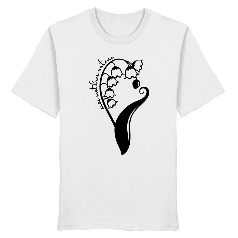 Vegan und Bio Unisex Shirt: Save Mother Nature with Flower Power zeigt ein minimalistisches Maiglöckchen-Design und den Slogan one with nature auf weißem Bio-Baumwollstoff.