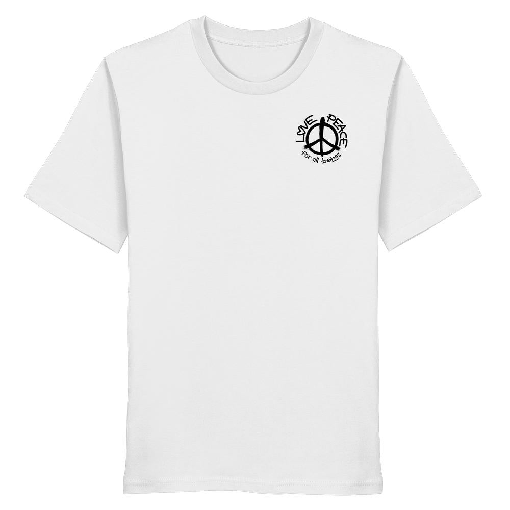 Vegan und Bio Unisex Shirt: LOVE and PEACE for all beings, weiß mit schwarzem Friedenssymbol und Schriftzug, aus 100 % Biobaumwolle von RUDE REBEL.