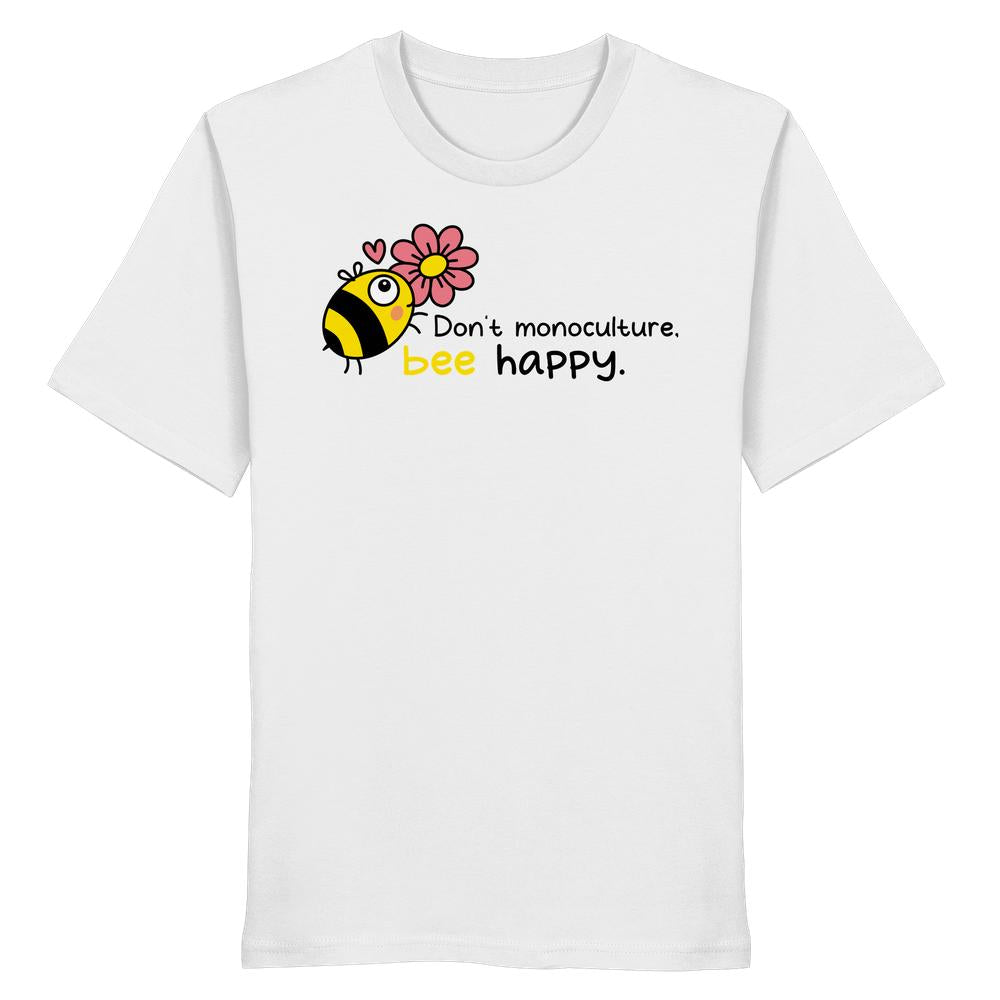 Vegan und Bio Unisex Shirt: Save the bees mit Cartoon-Biene und Blume. Slogan: “Don’t monoculture, bee happy.” Aus 100 % Bio-Baumwolle, normale Passform, nachhaltige Herstellung.