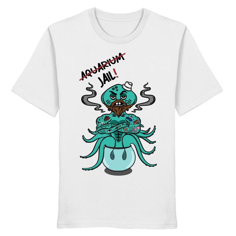 T-Shirt mit Cartoon-Grafik: Aquarium in Jail! geändert. Tintenfisch mit Matrosenmütze und Tattoos, animal rights Design von RUDE REBEL.