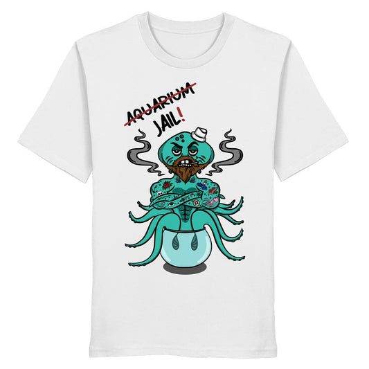 T-Shirt mit Cartoon-Grafik: Aquarium in Jail! geändert. Tintenfisch mit Matrosenmütze und Tattoos, animal rights Design von RUDE REBEL.