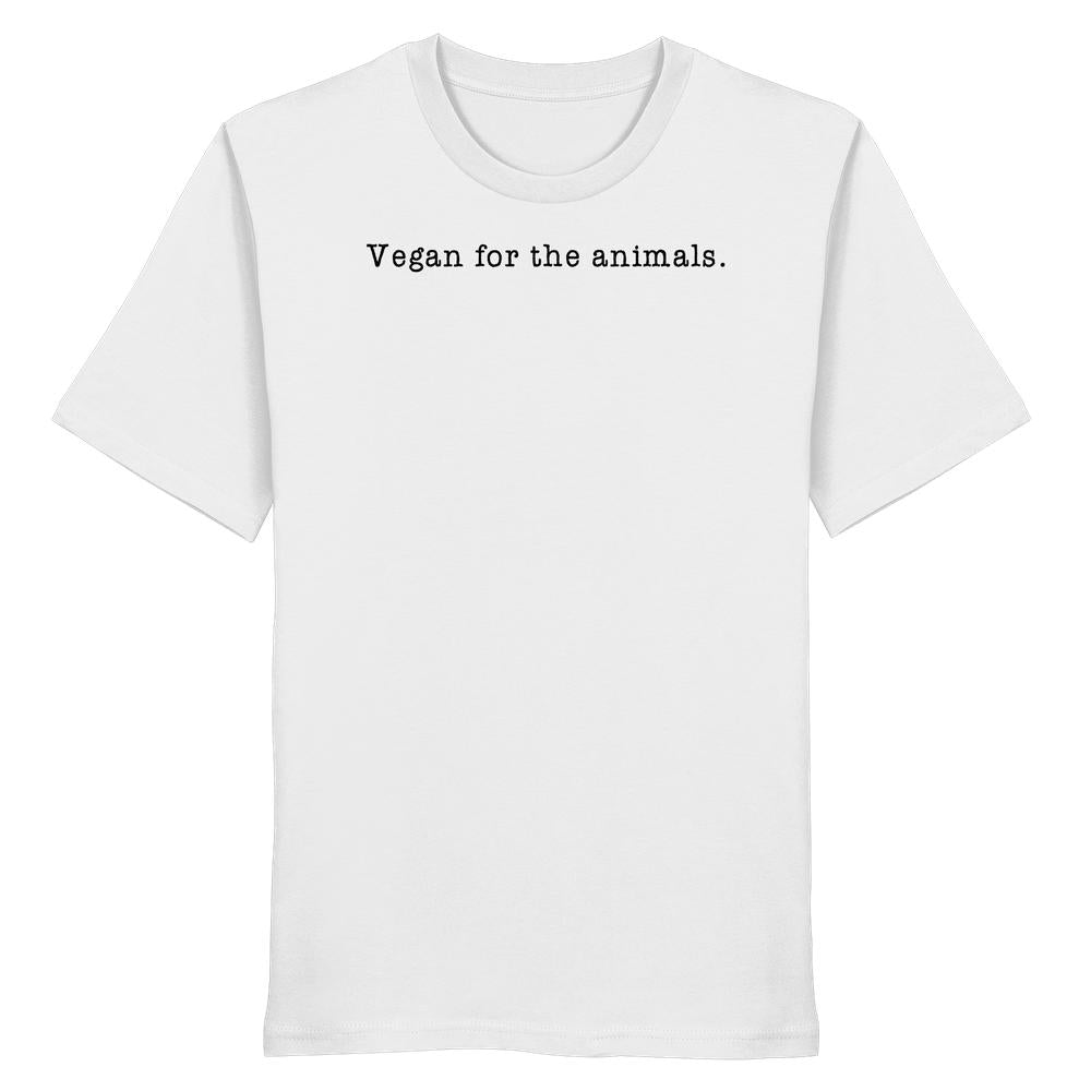Unisex T-Shirt aus Bio-Baumwolle mit dem Aufdruck „Vegan for the animals.” in typischer Schreibmaschinen-Schrift. Nachhaltiges Design von RUDE REBEL, normal geschnitten.