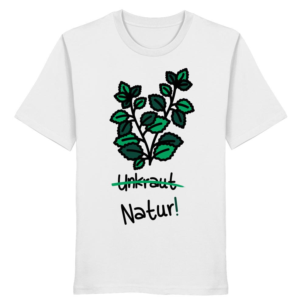 Vegan und Bio Unisex Shirt: Brennnessel - Naturschutz, weißes T-Shirt mit handgezeichneter Pflanze und durchgestrichenem Unkraut, darunter Natur! in verspielter Schrift. 100 % Bio-Baumwolle.