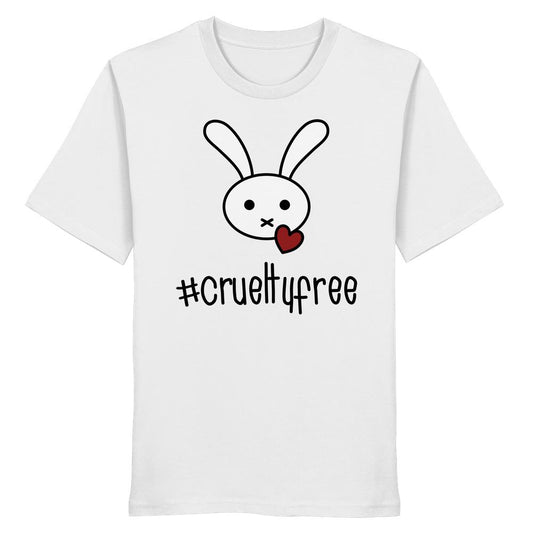 Vegan und Bio Unisex Shirt: Crueltyfree Bunny BIG zeigt einen Hasen mit X-Mund und Herz, aus 100% Bio-Baumwolle, normaler Schnitt, von RUDE REBEL.