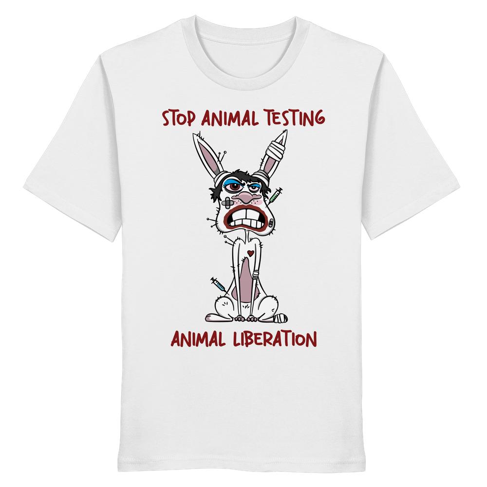 Vegan und Bio Unisex Shirt mit Häschenmotiv, das Tierversuche kritisiert. STOP ANIMAL TESTING und ANIMAL LIBERATION betonen den Protest gegen Tierquälerei.
