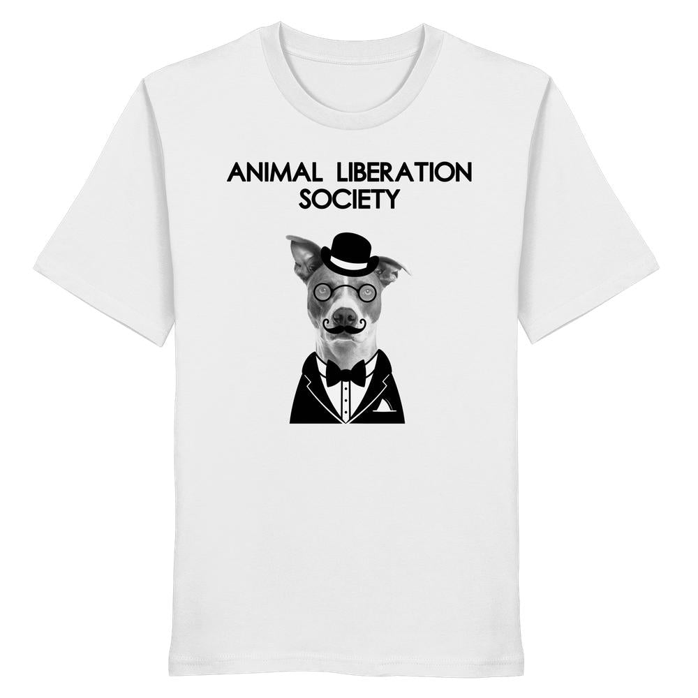 Vegan und Bio Unisex Shirt: Mr. Dog - Animal Liberation Society mit stilisiertem Hund im Frack, thematisiert Tierrechte durch humorvolles Design. 100% Bio-Baumwolle.