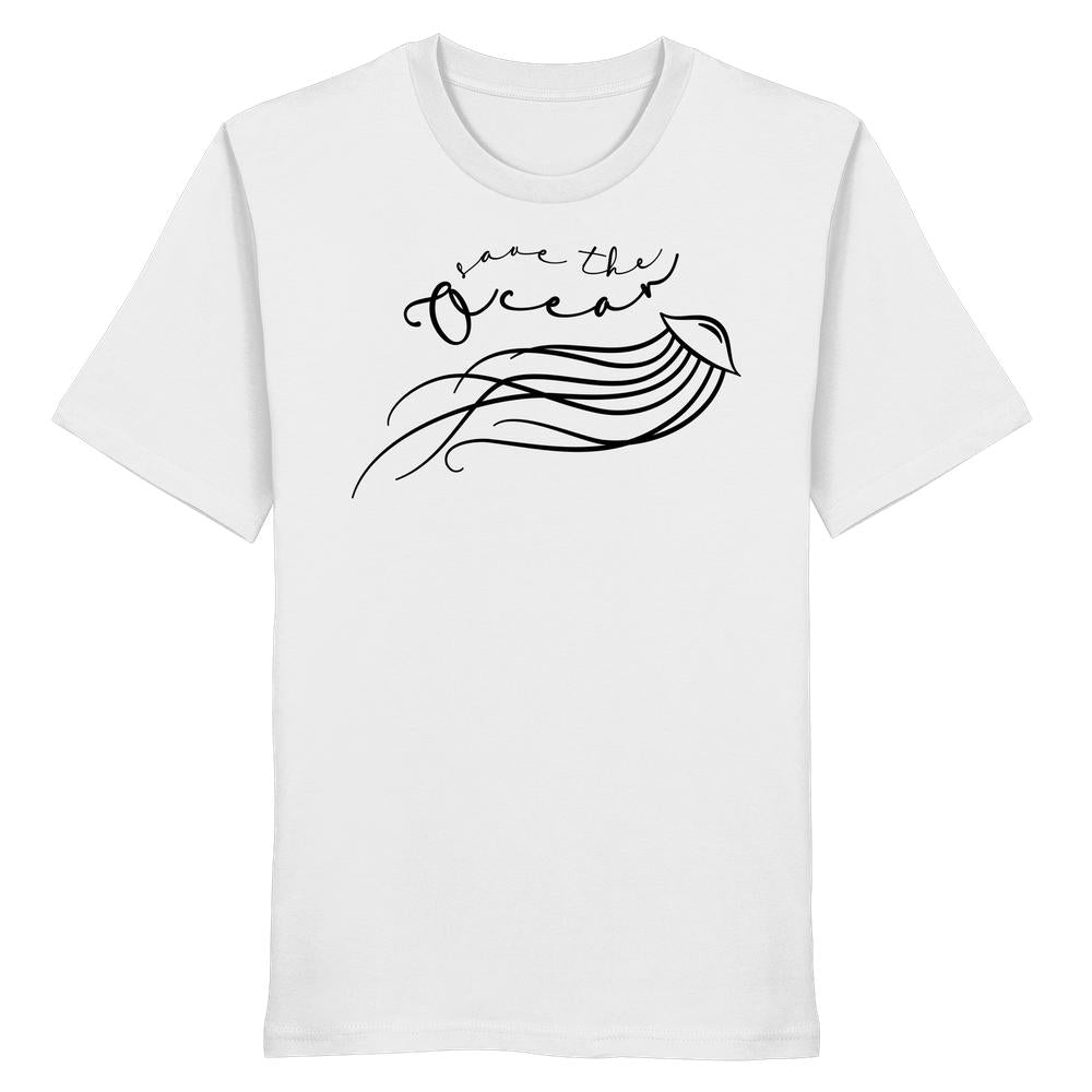 Vegan und Bio Unisex Shirt: Jellyfish - Save the Ocean, zeigt eine minimalistische Qualle mit dem Text Save the Ocean auf einem weißen T-Shirt.
