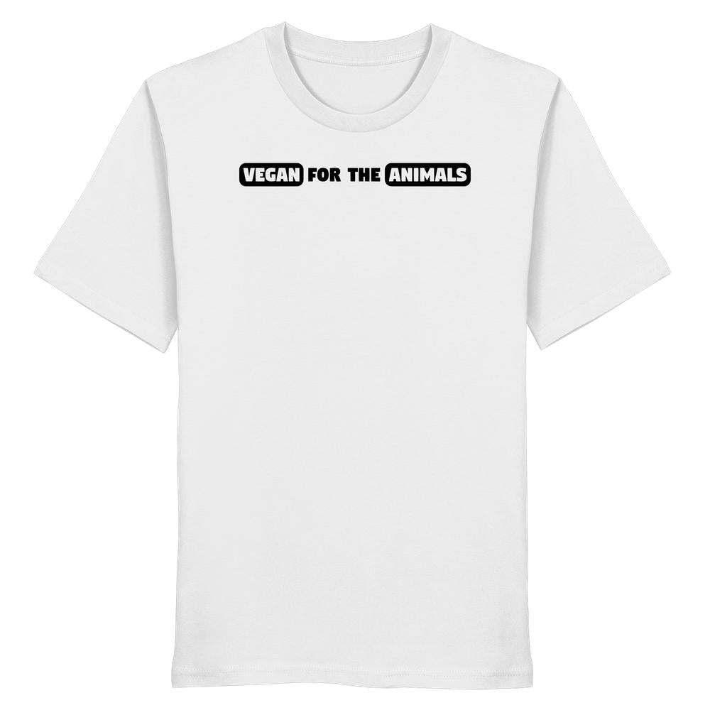 Unisex Bio T-Shirt mit Aufdruck VEGAN FOR THE ANIMALS, aus 100 % Bio-Baumwolle, normaler Schnitt, von RUDE REBEL, fördert Tierschutz und Nachhaltigkeit.