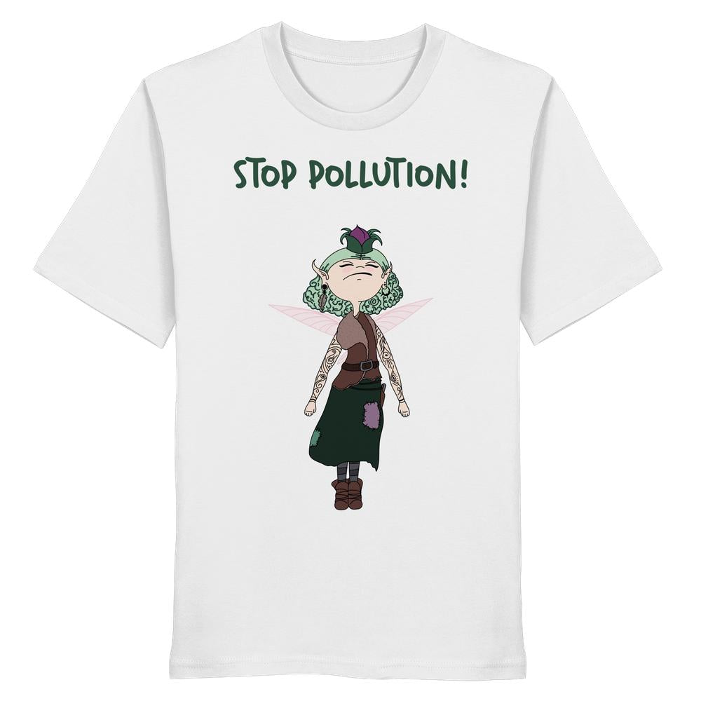 T-Shirt Vegan und Bio Unisex Shirt: STOP POLLUTION! - Krawall Fee mit einer tätowierten Fee, grünem Haar, Flügeln und Umweltslogan, aus 100% Bio-Baumwolle.