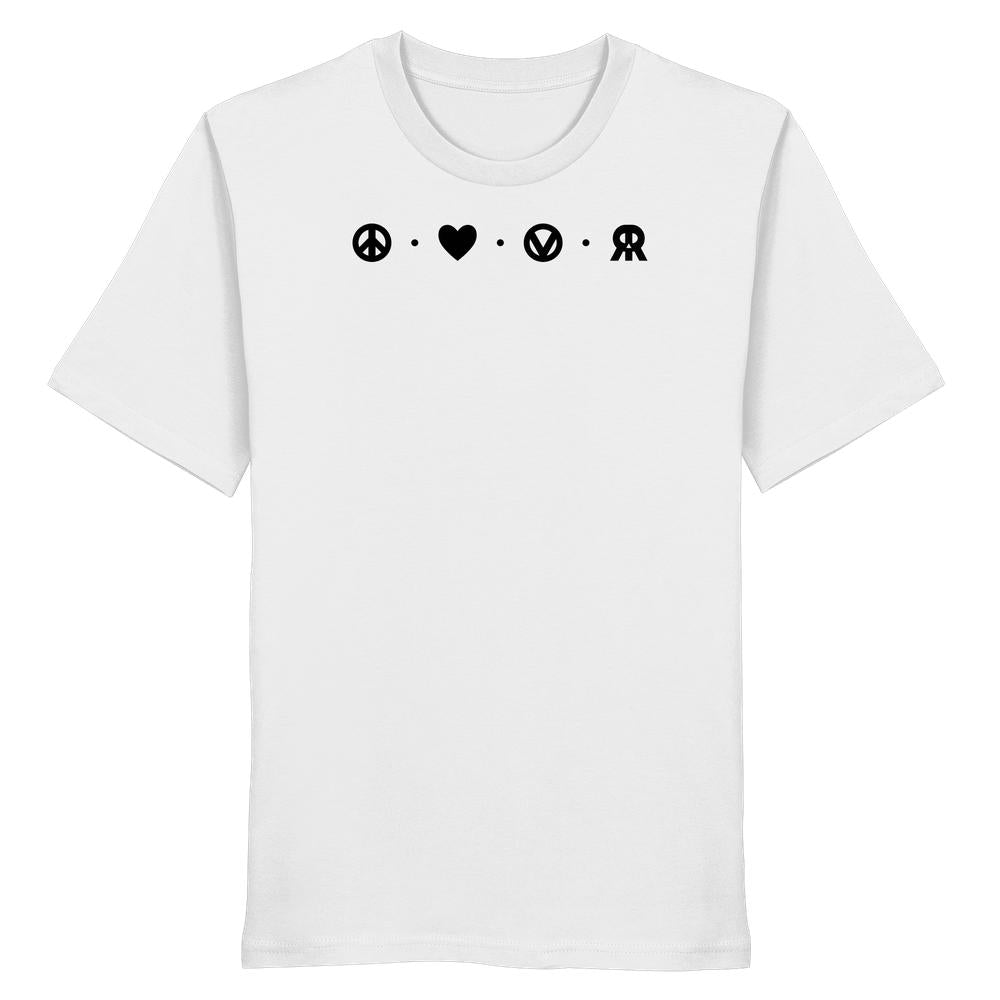 Veganes Bio Unisex Shirt mit Peace • Love • VR Grafik, symbolisiert friedfertige, liebevolle, vegane und rebellische Werte, aus 100 % Bio-Baumwolle, normale Passform.