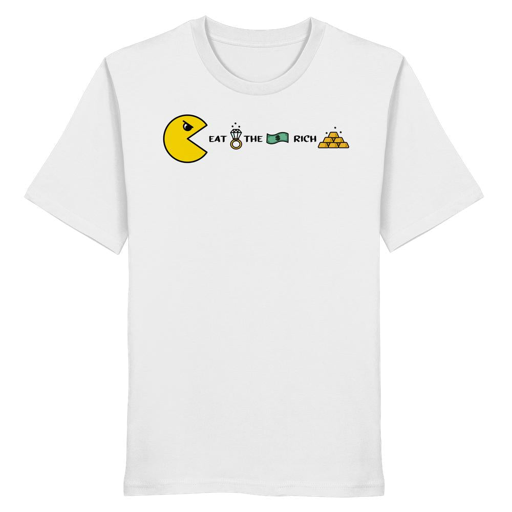 Vegan und Bio Unisex Shirt: PAC-MAN - Eat the rich mit gelbem Pac-Man, Diamantring, Dollarnote und Goldbarren auf der Brust, aus 100 % Biobaumwolle.