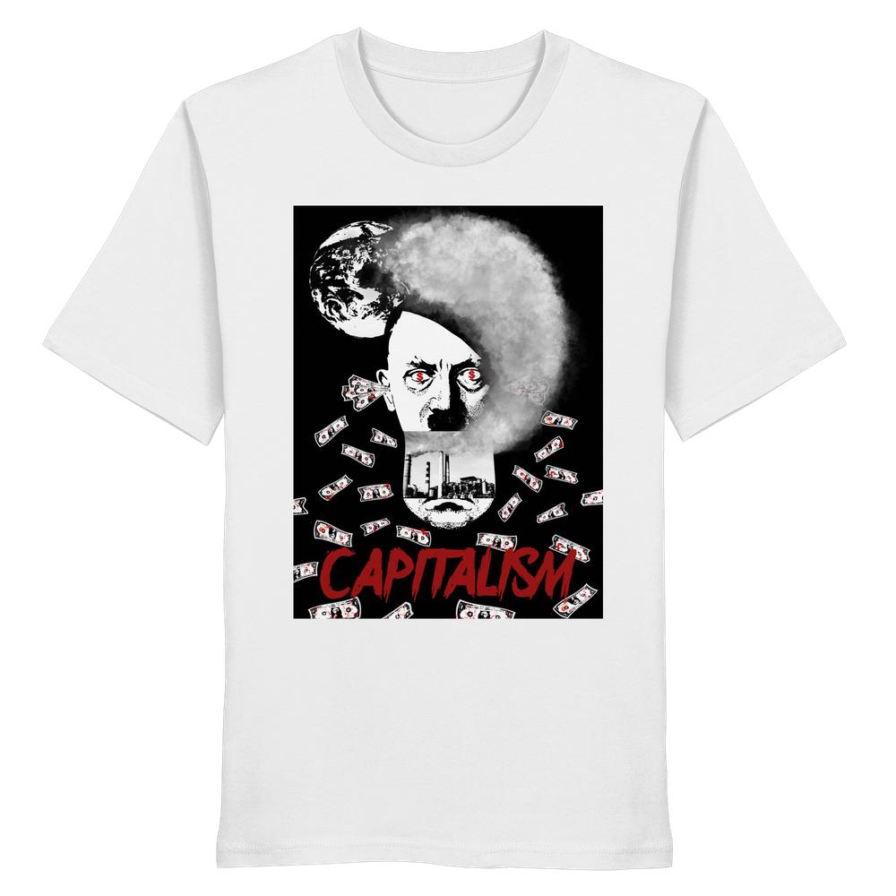 Vegan und Bio Unisex Shirt: Capitalism vs. Earth - The Money Game mit kritischem Collage-Print aus Gesicht, Fabrik, Geldscheinen und CAPITALISM Schriftzug, aus 100% Biobaumwolle.