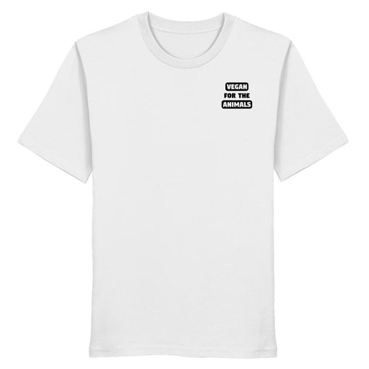 Weißes Bio-T-Shirt mit Aufdruck VEGAN FOR THE ANIMALS auf der Brust, aus 100% Bio-Baumwolle, normaler Schnitt.